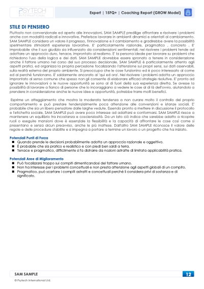 15FQ+ Coaching Report: stile di pensiero, punti di forza e aree di miglioramento