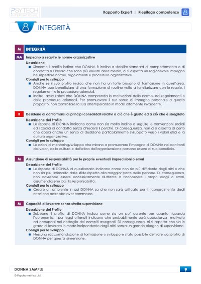 Rapporto sulle competenze: dettaglio della competenza Integrità