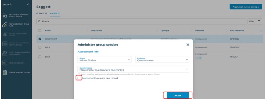 Administer group session: la casella “Respondent to create new record” fa compilare l'anagrafica ai rispondenti.