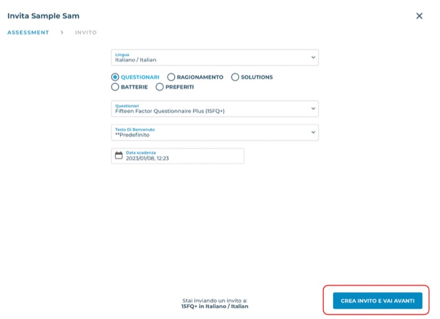 Primo passo: lingua, test, testo di benvenuto e data di scadenza, poi Crea invito e vai avanti.