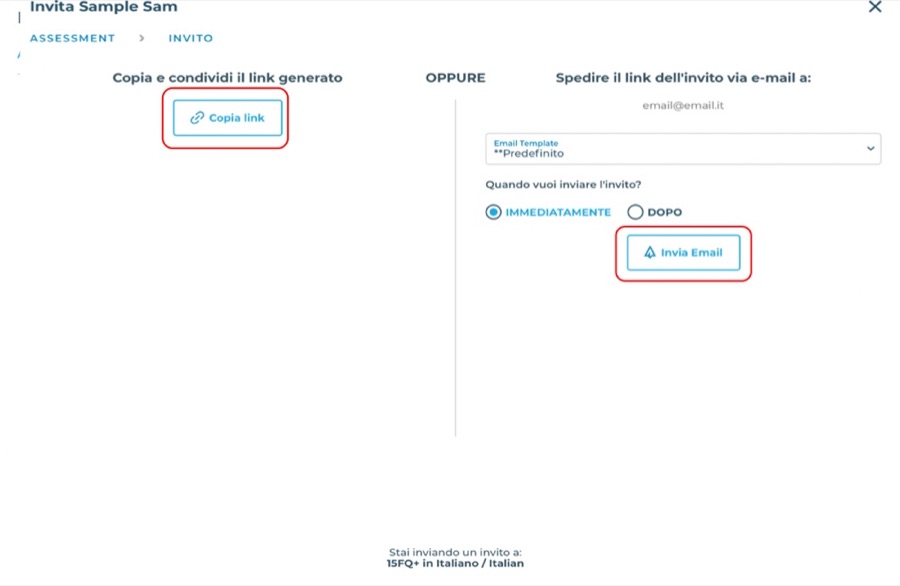 L'ultima schermata dell'invito: Copia link oppure Invia Email.