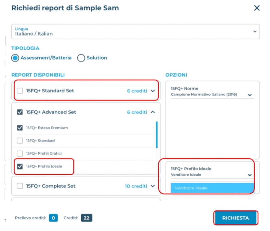 Nel set si spunta il report Profilo Ideale e nelle Opzioni si sceglie il profilo da applicare (qui “Venditore Ideale”).