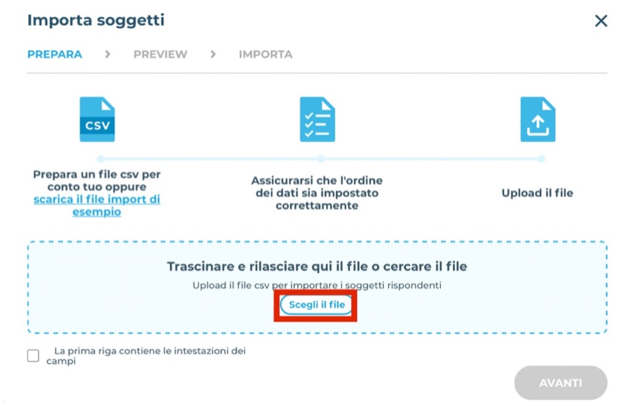 La finestra Importa soggetti.
