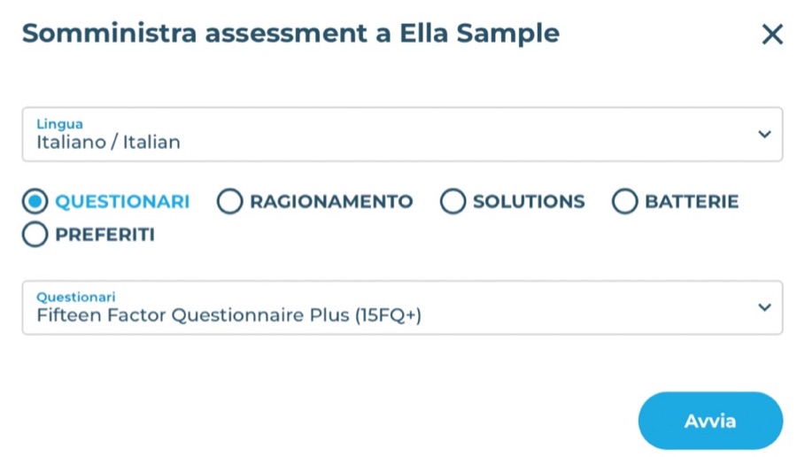 La finestra Somministra assessment: lingua, categoria di test (Questionari, Ragionamento, Solutions, Batterie, Preferiti) e test.
