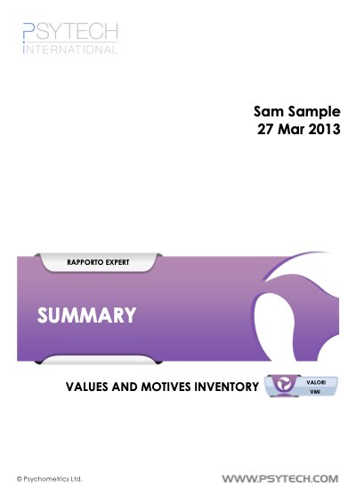 Copertina del VMI Summary Report di esempio